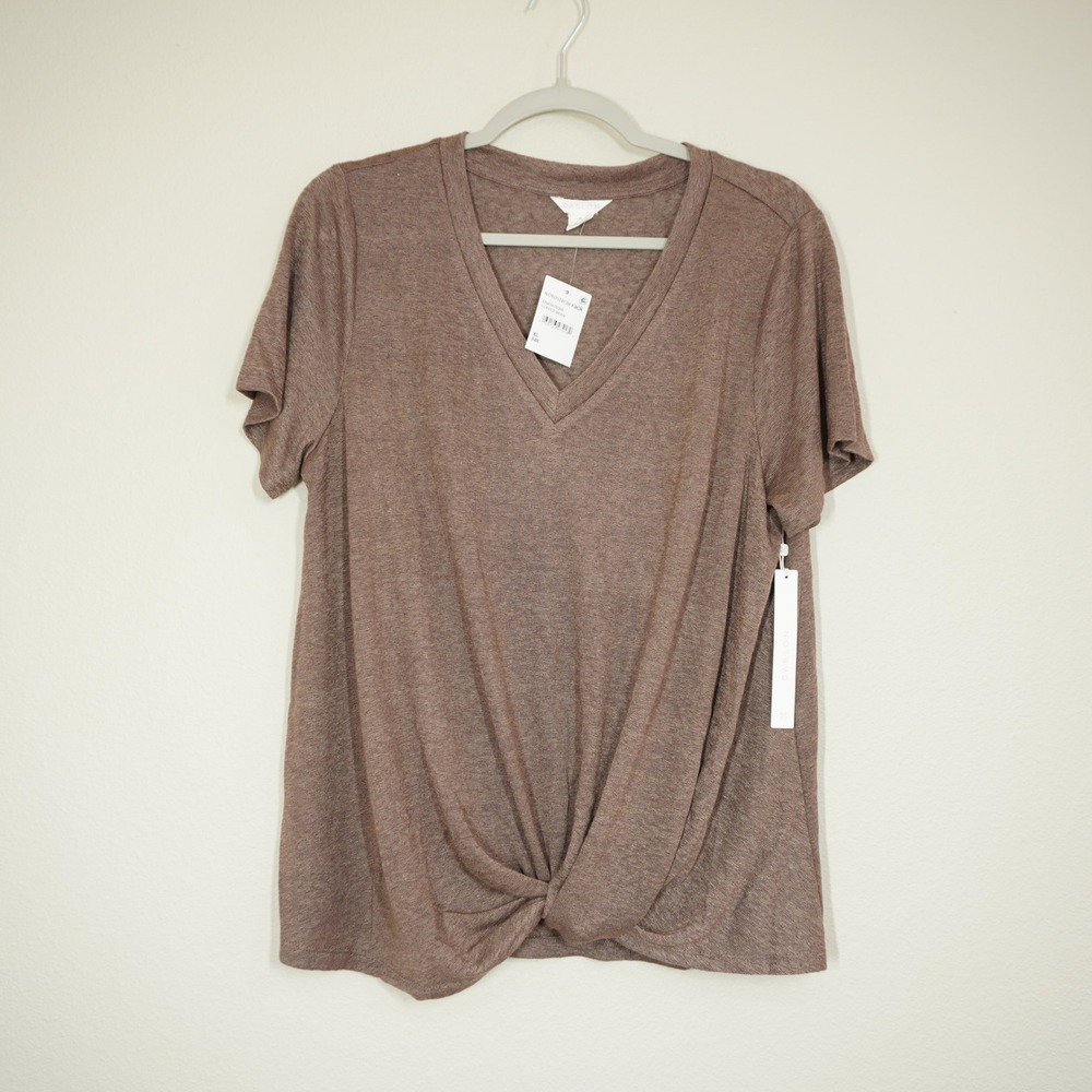 Caslon Size XL Twist Front V-Neck Short Sleeve Top Chocolate Coffee Bean Brown